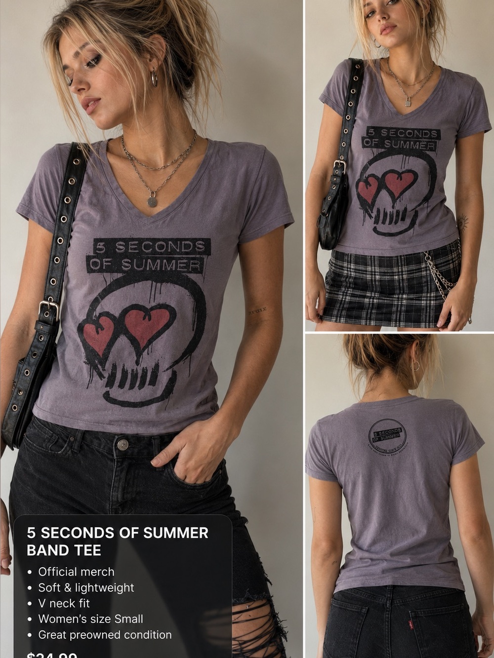 5 Seconds Of Summer Purple V-Neck Skull Heart Band Tee